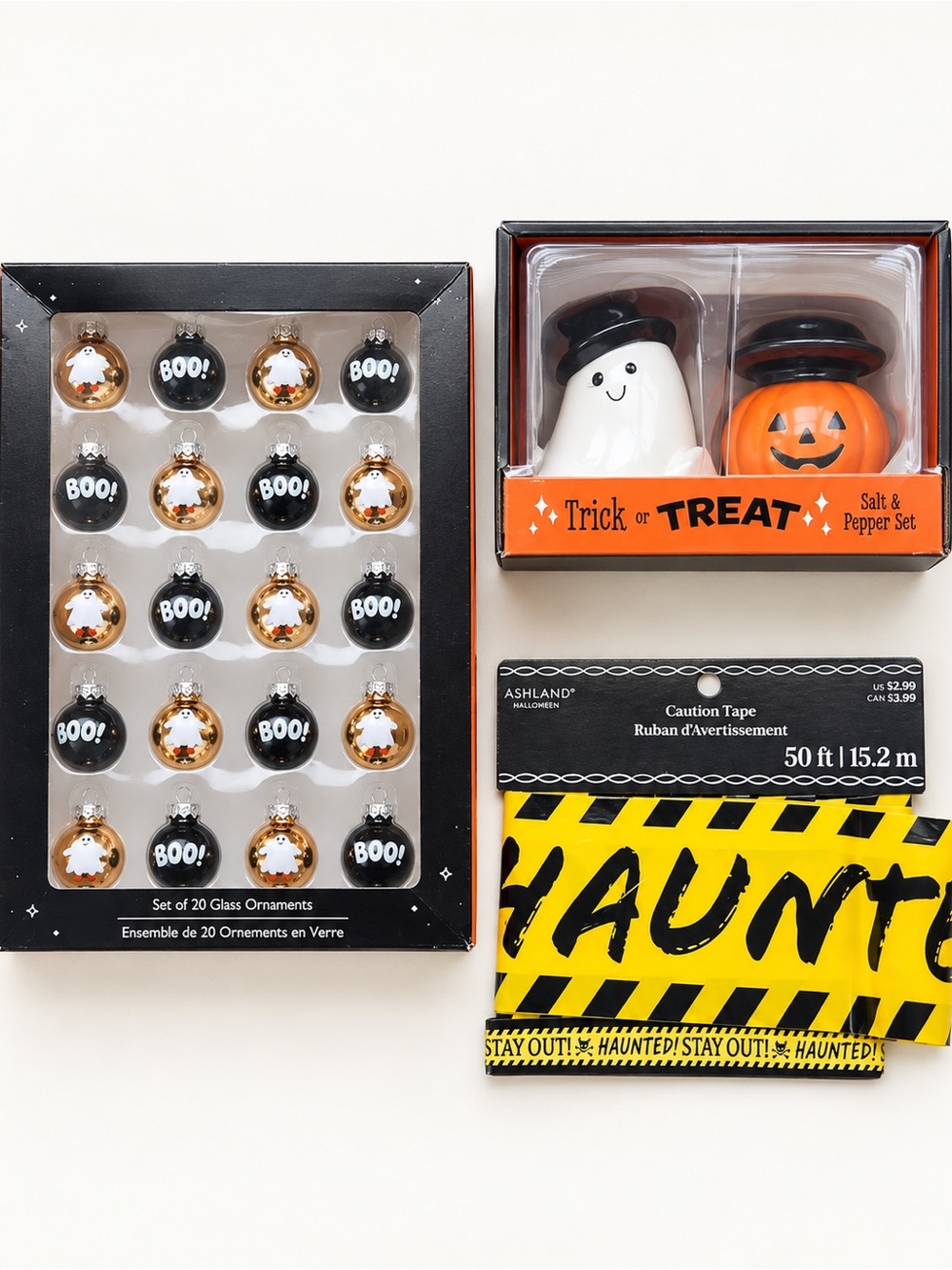 Halloween Décor Bundle Ghost Pumpkin Shakers Glass Ornaments & Haunted Tape